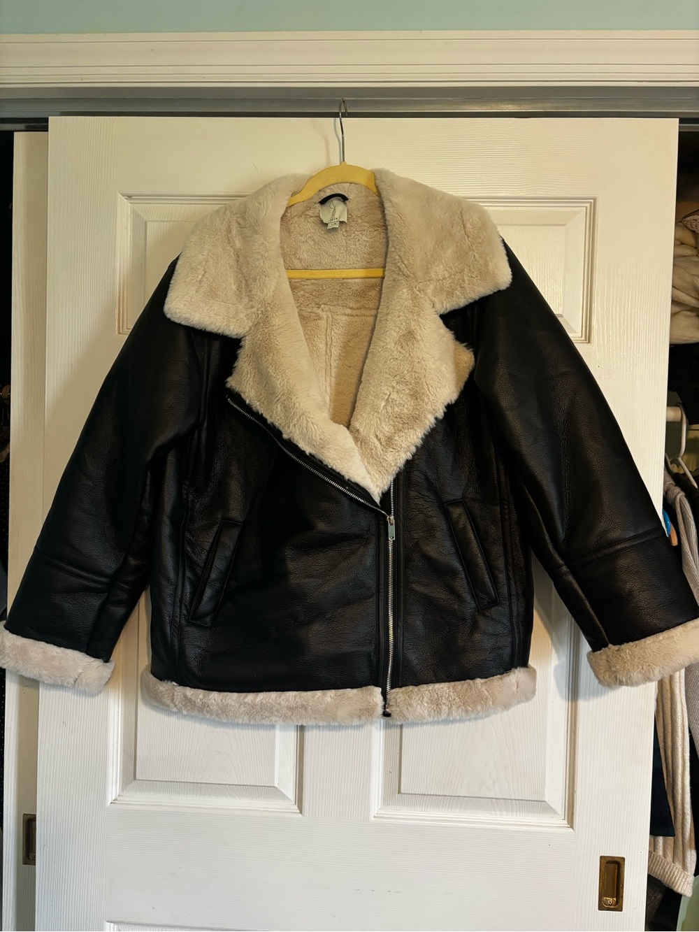 Joie Black Faux Leather Jacket with Cream Shearling Trim